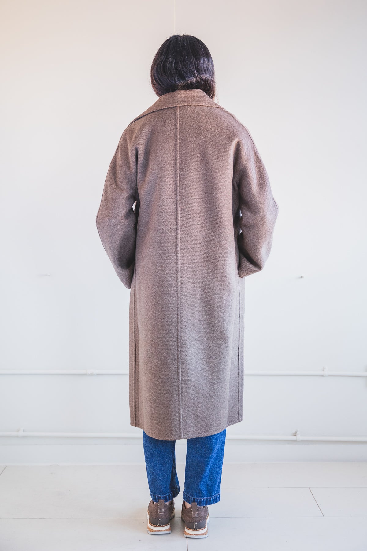 DOUBLE FACE LONG COAT IN UNDYED BROWN YAK WOOL