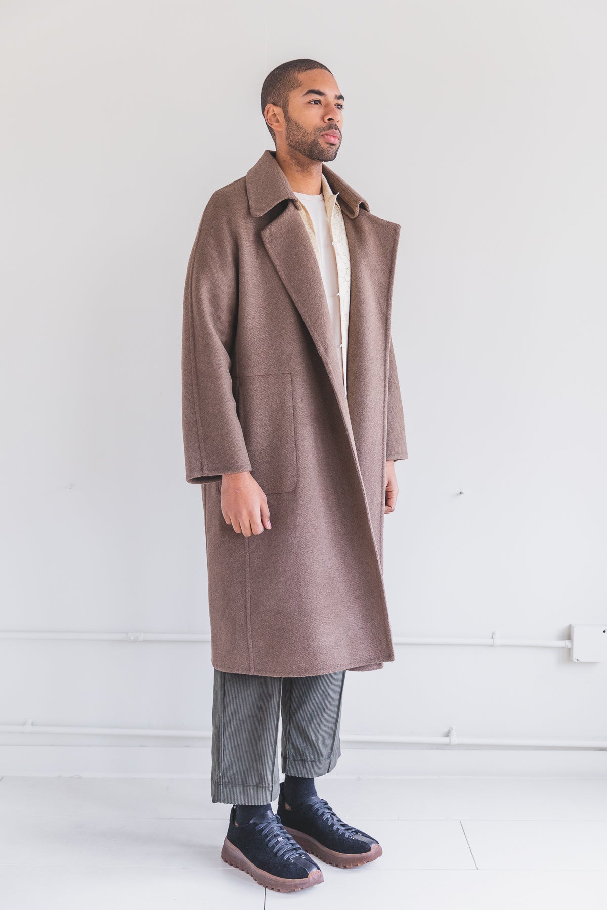 DOUBLE FACE LONG COAT IN UNDYED BROWN YAK WOOL — Shop Boswell